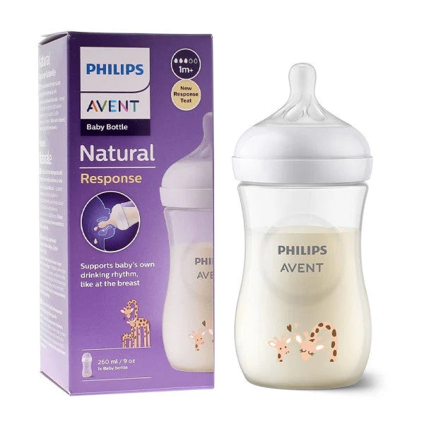 Clear Philips Avent bottle with giraffe pattern filled with milk beside purple packaging box