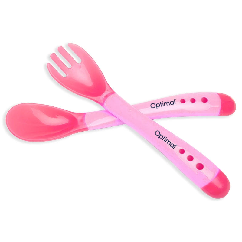 Optimal Flexible Silicone Spoon & Fork Pink 4m+