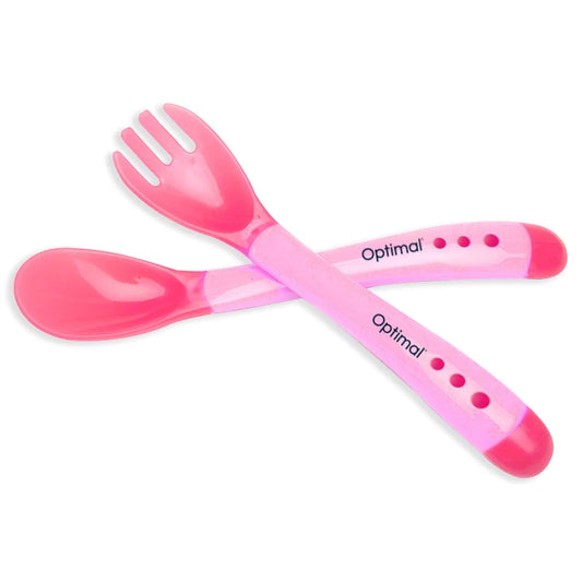 Optimal Flexible Silicone Spoon & Fork Pink 4m+